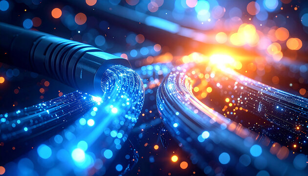 Optical Fiber Data Stream: A close-up view of optical fiber cables, illuminated with glowing data streams, symbolizing modern connectivity and high-speed data transfer.