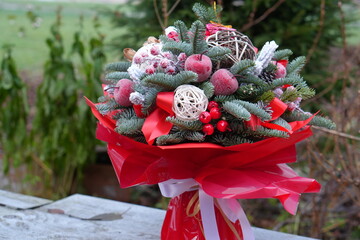 Christmas Bouquet with Fir Branches and Red Decorations