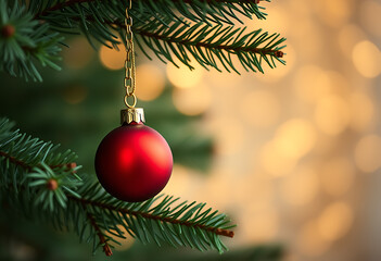 Single red bauble hanging on a green fir tree branch, bokeh lights isolated on transparent background