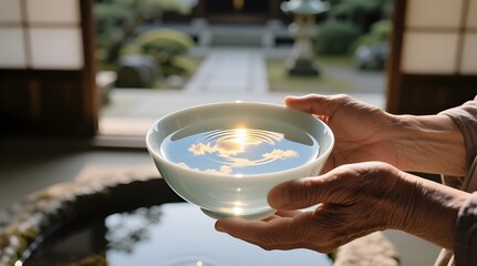 Hands Holding a Water Bowl with Sky Reflection for Mindfulness and Zen Practice
