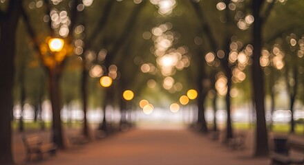 Blurred Pathway Lined with Trees and Bokeh Lights at Dusk.