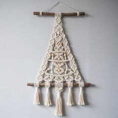 A minimalist Christmas tree made entirely from macrame knots and hanging on a rustic wooden dowel, decorated with small wooden beads and tassels, against a clean wall. Boho-chic, Scandinavian.