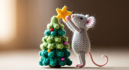 Cute knitted mouse placing star on top of knitted Christmas tree  
