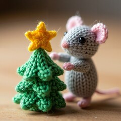 Knitted mouse placed star on small decorative Christmas tree  