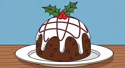 Illustration of Christmas pudding on white plate with holly decoration  