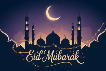 Eid mubarak greeting with islamic mosque silhouette and crescent moon at night
