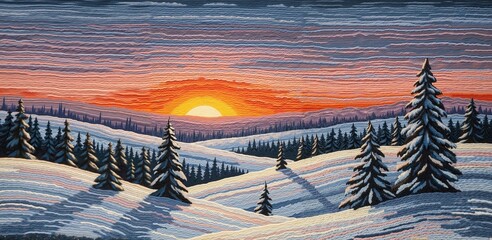 A festive wall hanging, created in a weaving loom animation style, where a winter landscape with a setting sun is woven from different colored yarns.