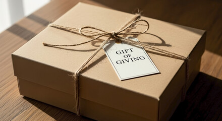 Gift of giving is illustrated by present tied with string and gift tag. This gift of giving concept shows box with label representing generosity and care, suggesting thoughtful gift presentation.