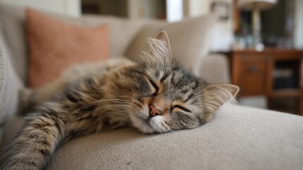 Cat sleeping on a beige couch. the cat is lying on its side with its head resting on its front paws and its eyes closed. its fur is a mix of brown and black stripes, and its ears are perked up.