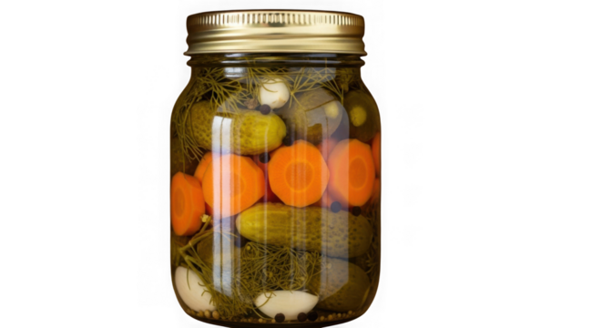 Homemade pickled cucumbers and carrots in glass jar, delicious