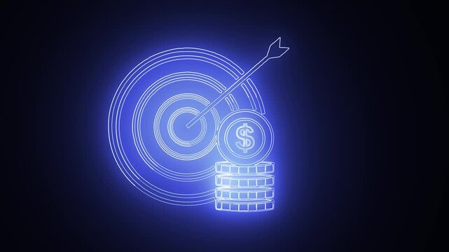 Neon Target and Coins Financial Goals and Success.
