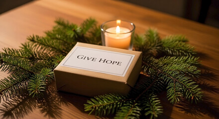 Give hope gift box with burning candle and evergreen wreath. Give hope through simple presents and glowing flames symbolizing warmth and generosity. Consider give hope concept for holiday greetings.