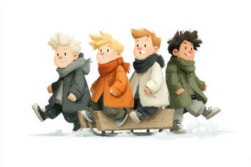 Children having fun during winter Christmas holidays in vector graphic style