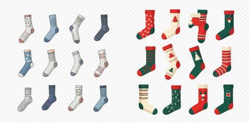 Collection of socks in various colors and designs, some with Christmas themes.