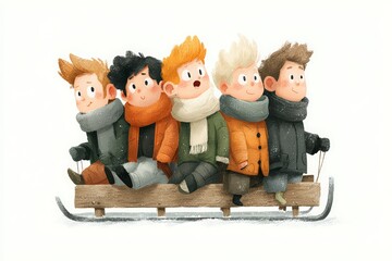 Children having fun during winter Christmas holidays in vector graphic style