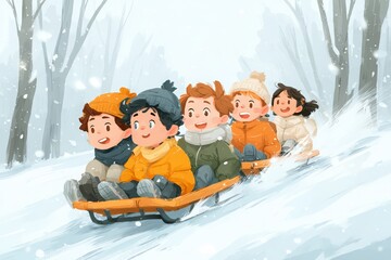 Children having fun during winter Christmas holidays in vector graphic style