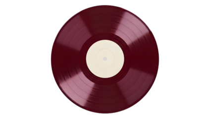 Top view of a vintage burgundy or maroon vinyl record with a creamcolored center label, isolated on transparent background