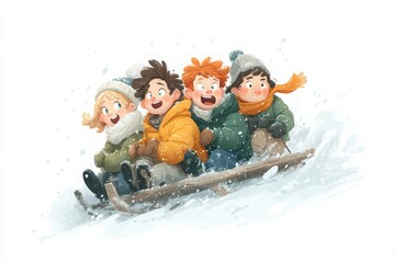 Children having fun during winter Christmas holidays in vector graphic style