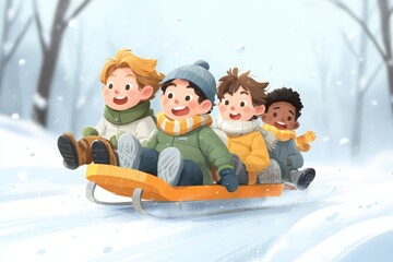 Children having fun during winter Christmas holidays in vector graphic style