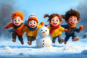 Children having fun during winter Christmas holidays in vector graphic style