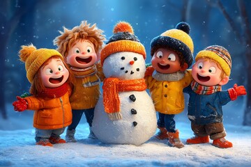 Children having fun during winter Christmas holidays in vector graphic style