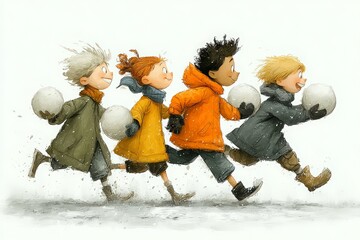 Children having fun during winter Christmas holidays in vector graphic style