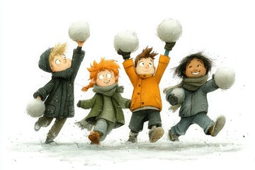 Children having fun during winter Christmas holidays in vector graphic style