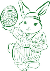 Vintage Doodle Rabbit Character Holding Decorative Easter Egg