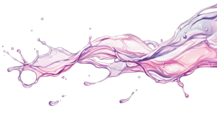 Pink and purple liquid splash with droplets frozen in motion, abstract design