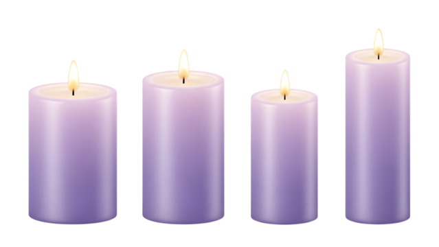 Four lit purple pillar candles of varying height isolated on transparent background - Powered by Adobe