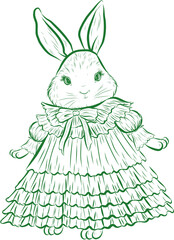 Obraz premium Vintage Doodle Girl Rabbit Character in Easter Dress
