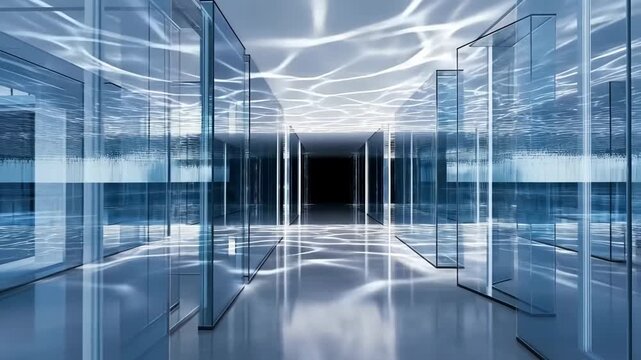Futuristic crystal glass hallway with dynamic rippling caustic light patterns and sleek transparent design, elegant modern interior video footage