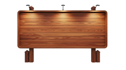 Illuminated empty wooden billboard with rounded corners supported by wooden posts, isolated on transparent background
