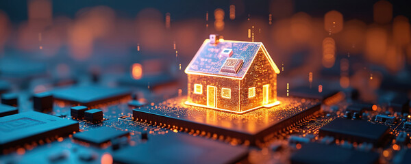 Miniature house illuminated by digital circuit lights placed on circuit board. Concept of smart home tech is depicted. This photo represents digital tech building automation control