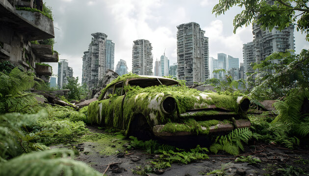 Destroyed ruins abandoned buildings apocalypse scene of city. Aerial view of a cityscape with a dilapidated car covered in moss and ferns, set against a backdrop of tall buildings and lush greenery.