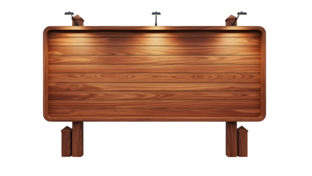 Illuminated empty wooden billboard with rounded corners supported by wooden posts, isolated on transparent background