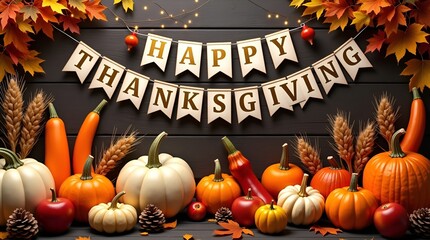Warm Thanksgiving harvest display featuring a selection of pumpkins, corn, apples, and seasonal decorations placed against a dark wooden backdrop
