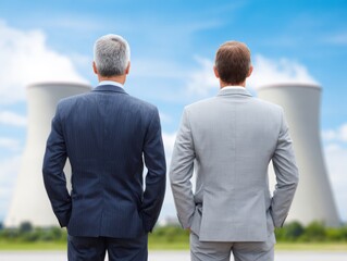 Two businessmen in suits stand looking at large industrial cooling towers under a bright sky.