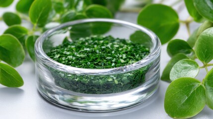 A small glass dish holds vibrant green chopped plant material, set against a backdrop of fresh, round leaves.