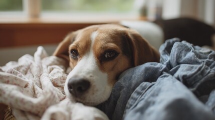 Close-up of a beagle dog lying on a bed. the dog is resting its head on a pile of clothes, with its eyes looking directly at the camera.
