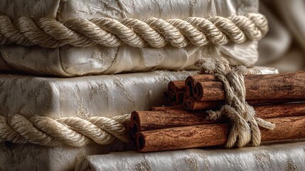Bundles of textured fabric tied with rope, alongside aromatic cinnamon sticks, evoke a cozy ambiance perfect for holiday decor and culinary creativity