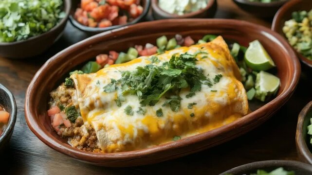 Delicious enchiladas with melted cheese, cilantro, and side dishes filling frame