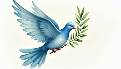 Watercolor illustration of a blue dove carrying olive branch. Bird of peace with wings flies over light background. Symbol of harmony hope. Artwork represents freedom and serenity.