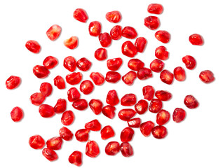 Bright red pomegranate seeds scattered on a clean white background, showcasing their juicy texture...