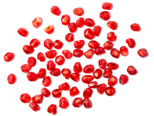 Bright red pomegranate seeds scattered on a clean white background, showcasing their juicy texture and vibrant color
