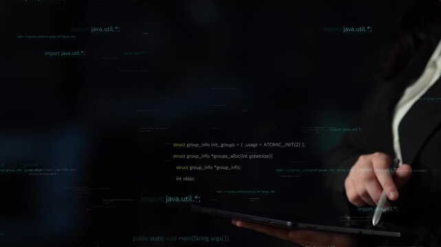 A professional programmer analyzes lines of code on a tablet, set against a dark digital backdrop, reflecting contemporary technology and software development practices. Xenic