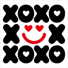 Xoxo pattern with hearts and a smile in red and black on a white square background