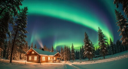 Fototapeta premium Cozy Cabin Under the Northern Lights - A Winter Wonderland.
