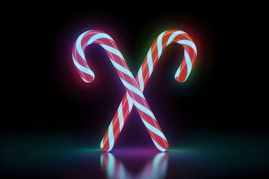 Glowing candy canes crossed with neon light effects on a dark background