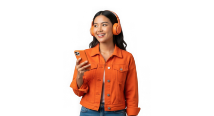 Happy young asian woman enjoying music on vibrant headphones